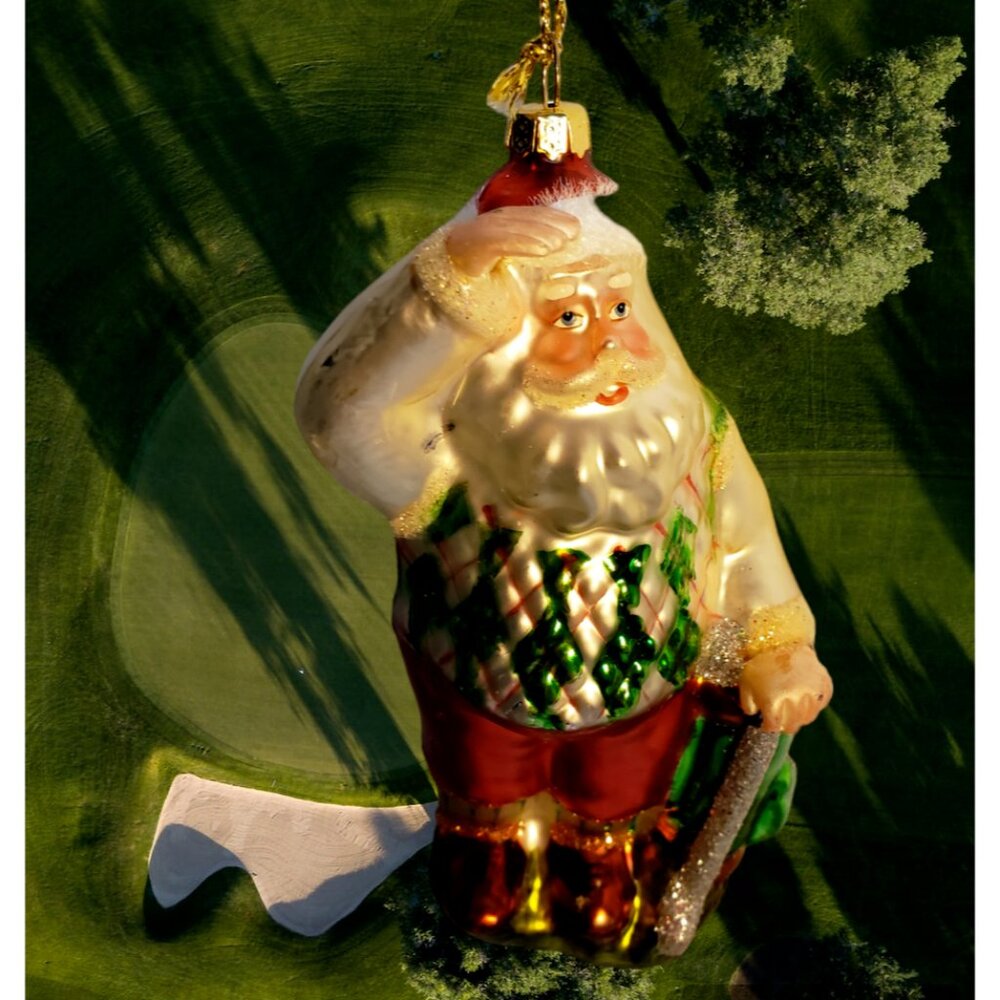 Old World Blown Glass Christmas Golfing Santa & Club & Watching Ball Vintage?
